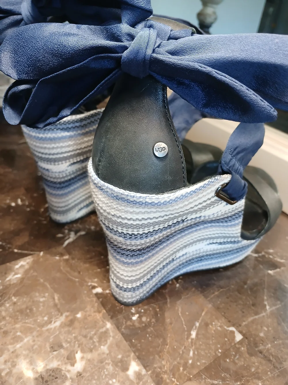 UGG Blue and White Striped Wedge Sandals with Navy Ankle Tie